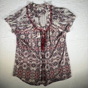 Unity World Wear Boho Top 1X Floral Print Short sleeveRuffled Neckline Tie front
